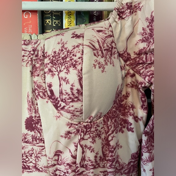 Dazy Burgundy and Cream Toile Dress with Ballon Sleeves Bustier Top Basque Waist - Picture 7 of 12